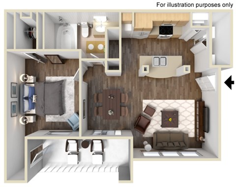 Floor plan for 1 bed, 1 bath, 655 sqft